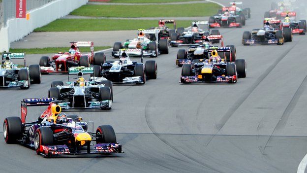F1 cars during a grand prix
