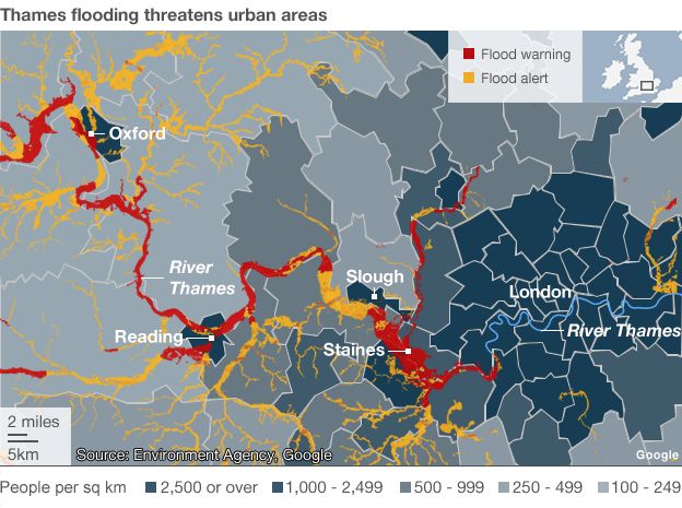 Map showing flood warnings and alerts in place along the river Thames