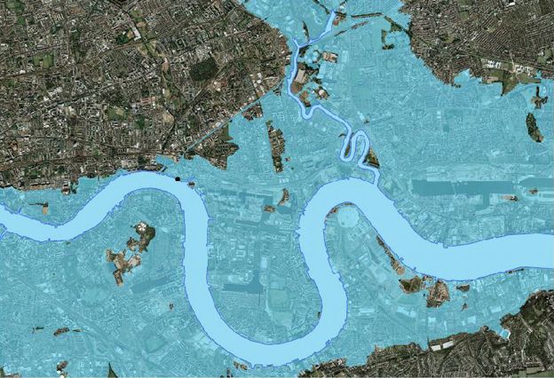 Map of London showing how it might be affected by flood without the Thames barrier
