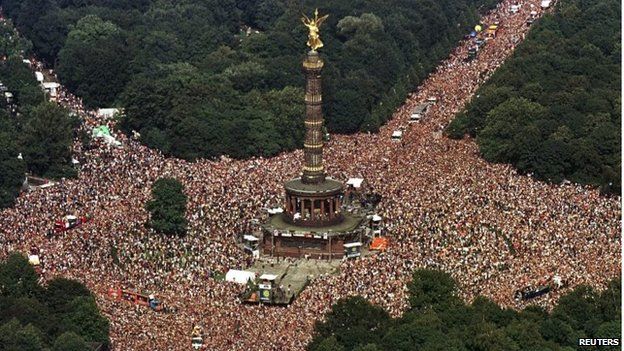 An aerial view of the Love Parade crowds at Berlin's Tiergarten, when the festival was still held there
