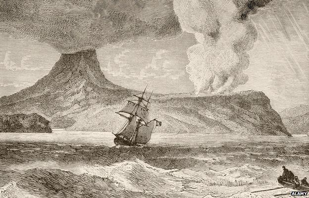 Krakatoa Island, Indonesia, erupting in August 1883