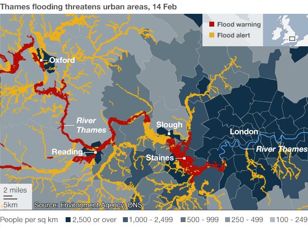 Map showing flood warnings and alerts and populations along the River Thames