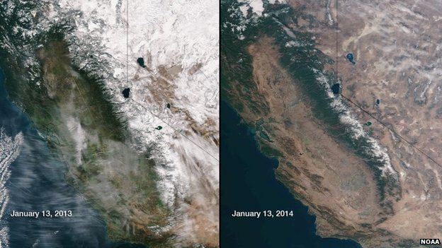 This image obtained from the National Oceanic and Atmospheric Administration (NOAA) shows snow and water equivalents in the Sierra Nevada mountain range in California abnormally low for January 2014 compared to the same time in 2013