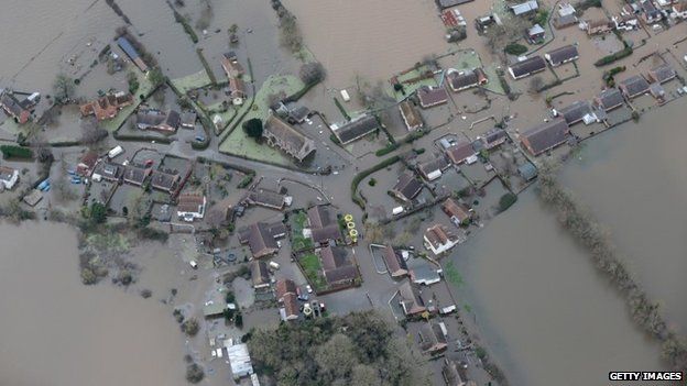 Aerial view of Moorland, on the flooded Somerset Levels