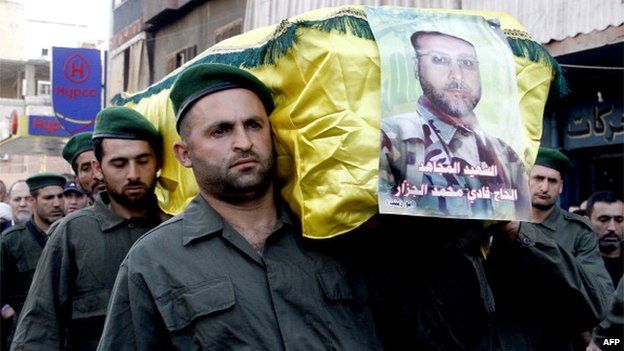 Members of Hezbollah carry the coffin of Fadi Mohammed al-Jazzar during his funeral in southern Beirut on 20 May 2013