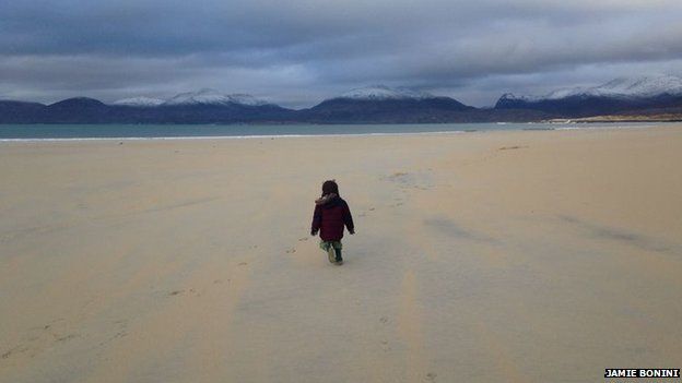Rory having a stroll on a windy Luskentyre Beach on Harris