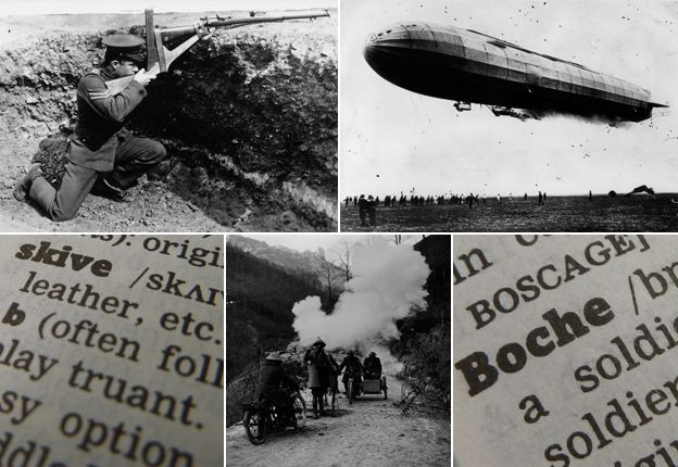 From top left, clockwise: British soldier, zeppelin, "Boche", explosion, "skive"