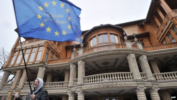 A man holding a European Union flag poses in front of the main building of Ukrainian President Viktor Yanukovych"s residency near Kiev