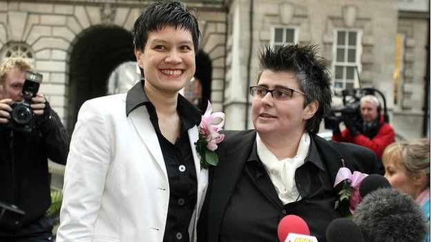 Shannon Sickles (left) and Grainne Close were among the first people to form a civil partnership at Belfast City Hall in December 2005