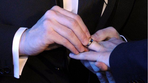 Men exchanging wedding rings in gay marriage ceremony