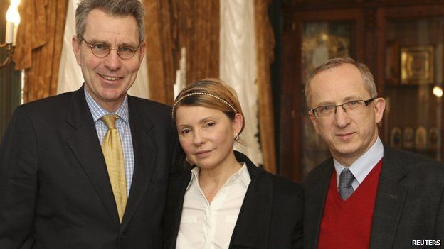 Ukrainian opposition leader Yulia Tymoshenko (C) meets with US ambassador to Ukraine Geoffrey Pyatt (L) and head of the EU delegation to Ukraine Jan Tombinski in Kiev, on 23 February 2014.