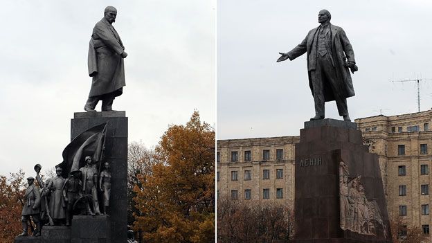 Taras Shevchenko and Vladimir Lenin - statues in Kharkiv