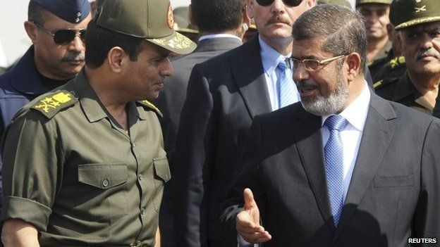 Egypt's President Mohamed Mursi (R) speaks with Defence Minister Abdel Fattah al-Sisi during his visit to the 6th Armoured Division of the Second Army, near Ismailia, some 75 miles (121 km) north of Cairo, in this October 10, 2012 file photograph.