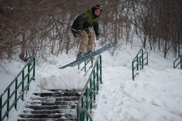 Sandy Boville skiing a rail in St Paul, Minnesota