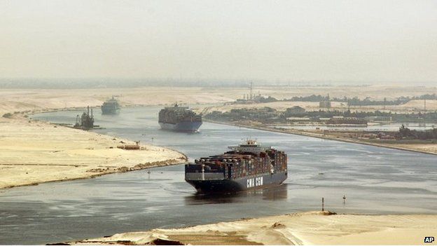 FILE - In this Sept. 21, 2009 file photo, cargo ships sail through the Suez Canal, seen from a helicopter, near Ismailia, Egypt. Suez Canal authority chairman Mohab Mamish said Saturday, Aug. 31, 2013, that a "terrorist element" had tried to disrupt navigation in the waterway by targeting a Panama-flagged ship.