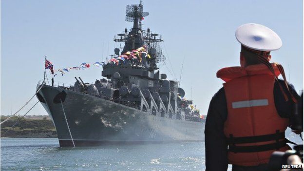 Russian missile cruiser Moskva moored in the Ukrainian Black Sea port of Sevastopol