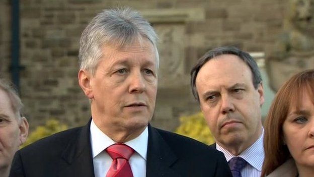 Peter Robinson at a DUP press conference