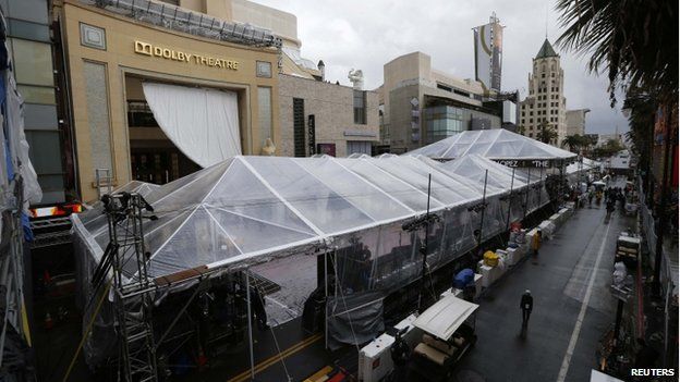 Oscars red carpet under protective covering outside Dolby Theater 1 Mar 2014