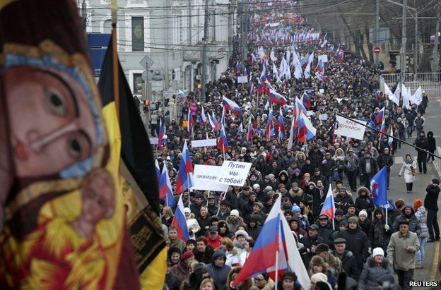 A pro-Crimea march through Moscow, 2 March