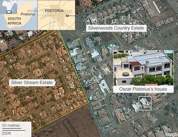 Map showing Silver Stream Estate next to Silverwoods Country Estate, where Mr Pistorius lives
