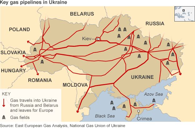 Map showing key gas pipelines in Russia