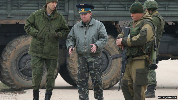 Ukrainian officer with troops under Russian command, Belbek, Crimea, 4 Mar 14