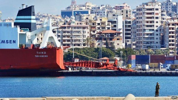 Norwegian cargo vessel Taiko prepares to be loaded with chemical weapons at the Syrian port of Latakia (10 February 2014)