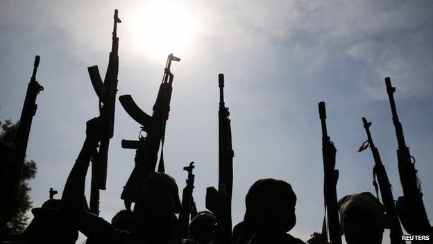 Rebel fighters hold up their weapons as in Upper Nile state, South Sudan - 11 February 2014