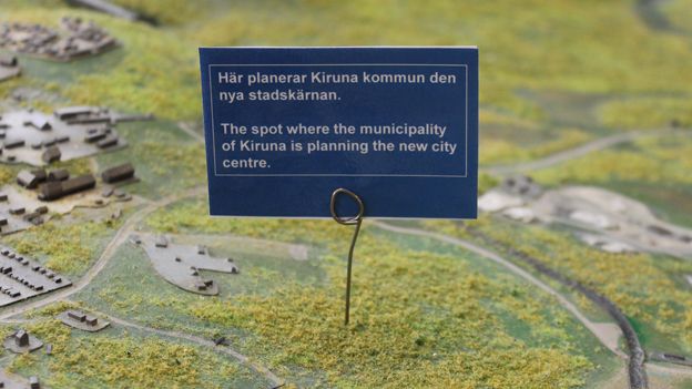 Sign on model reads: "The spot where the municipality of Kiruna is planning the new city centre"