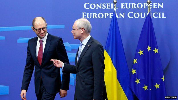 Ukrainian PM Arseniy Yatsenyuk with European Council President Herman Van Rompuy in Brussels on 6 March 2014