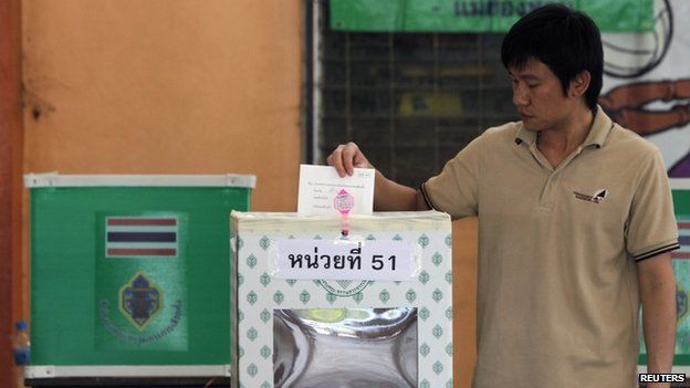 A man casts his ballot at a polling station in Samut Sakhon province, on the outskirts of Bangkok, 2 March 2014