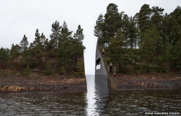 A digital impression of the memorial shows a gaping hole in the headland near Utoeya island