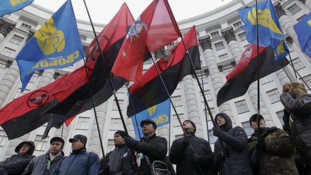 Svoboda and UPA flags in Kiev