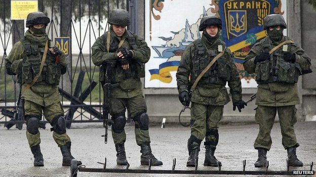 Russian-speaking soldiers outside a Ukrainian military base near Simferopol, Crimea