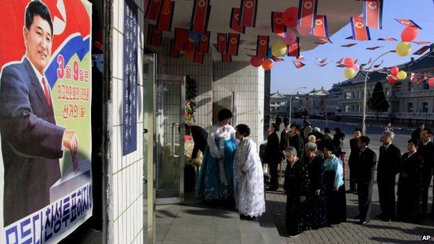 Voters line up to cast their ballots to elect deputies to the 13th Supreme People's Assembly in Pyongyang