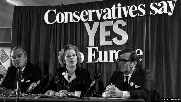 Margaret Thatcher, with William Whitelaw and Peter Kirk, at a referendum conference in June 1975