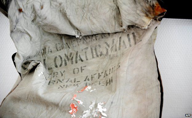 diplomatic bag reading 'Diplomatic mail' and 'Ministry of external affairs' belonging to the Indian Government after it was found at the Bossons Glacier, near the Mont Blanc in the French Alps, on August 21, 2012