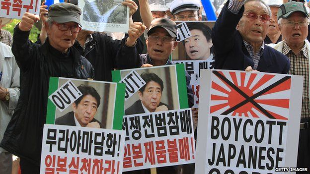 South Korean hold placards carrying the images of Japanese Prime Minister Shinzo Abe and Osaka Mayor Toru Hashimoto during a rally on May 23, 2013 in Seoul