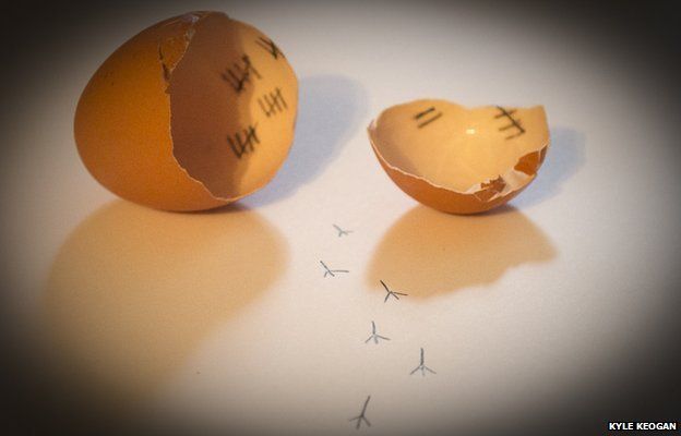 A broken egg with pencil marks inside