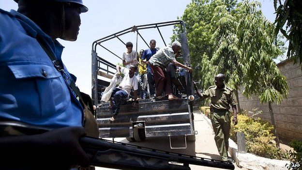 Kenyan police monitor terror suspects brought to court in Mombasa (3 Feb 2014)