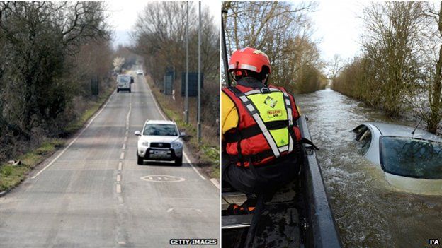 Two photos comparing the A361 road between East Lyng and Burrowbridge in Somerset during and after the flooding