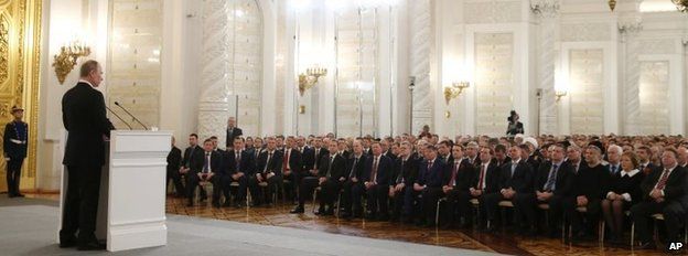Russian President Vladimir Putin delivers his speech at the Kremlin, Moscow (18 March 2014)