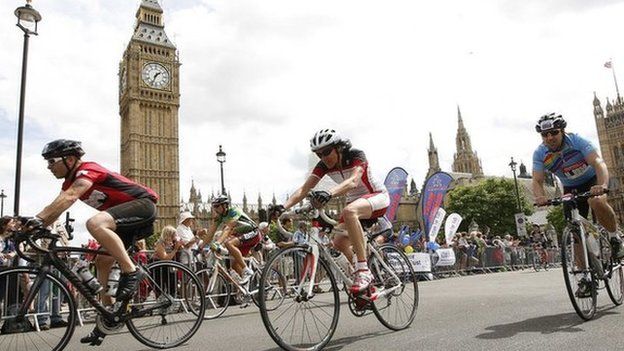 Riders pass Trafalgar Square