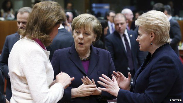 Slovenia's Prime Minister Alenka Bratusek, Germany's Chancellor Angela Merkel and Lithuania's President Dalia Grybauskaite attend a European Union leaders summit in Brussels (March 20, 2014)