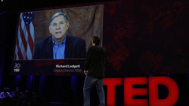 Chris Anderson on Ted stage interviewing Richard Ledgett on screen