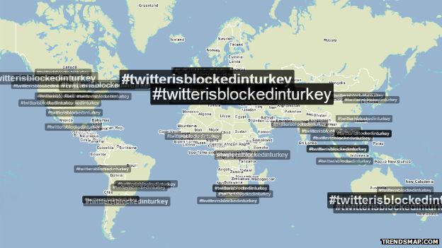 A map showing where tweets including #twitterisblockedinturkey was trending around the world