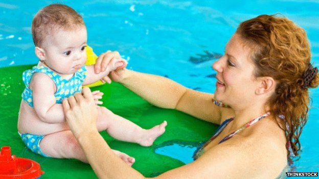 Mother and child swimming