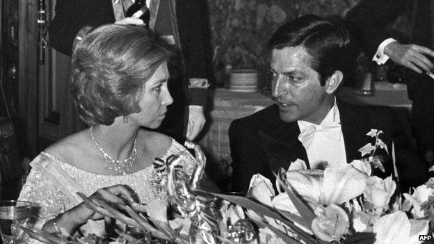 Adolfo Suarez with Queen Sofia at a gala dinner in 1978