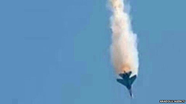 Syrian military jet after it violated Turkey's airspace Sunday, March 23