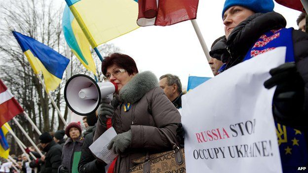 Demonstration against Russia's actions in Ukraine outside the Russian embassy in the Latvian capital Riga (2 March)